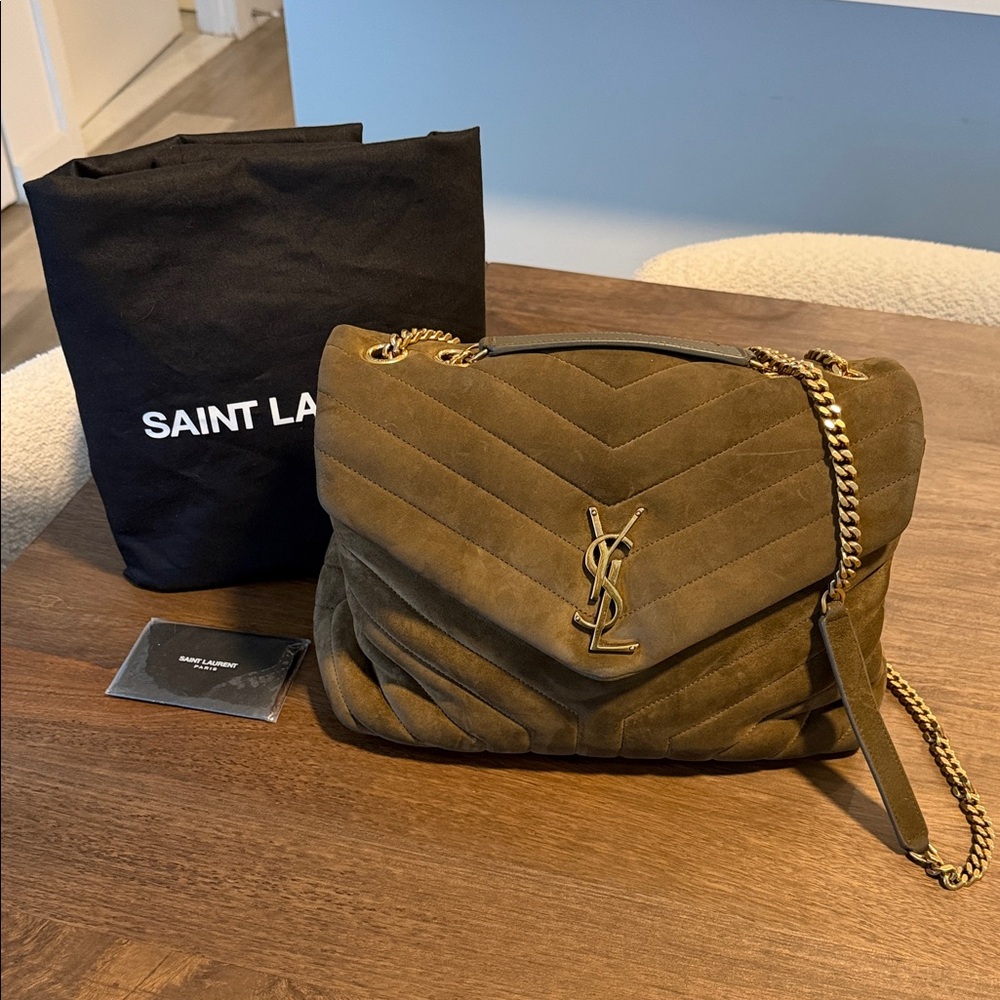 Saint Laurent Olive Suede Shoulder Bag with Gold Chain